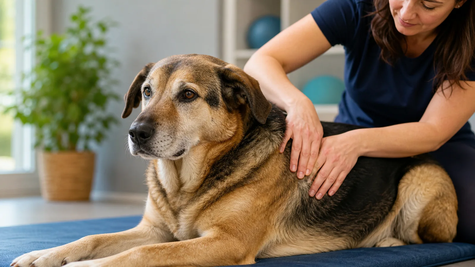 Älterer Schäferhund-Mix wird behutsam auf Verspannungen untersucht