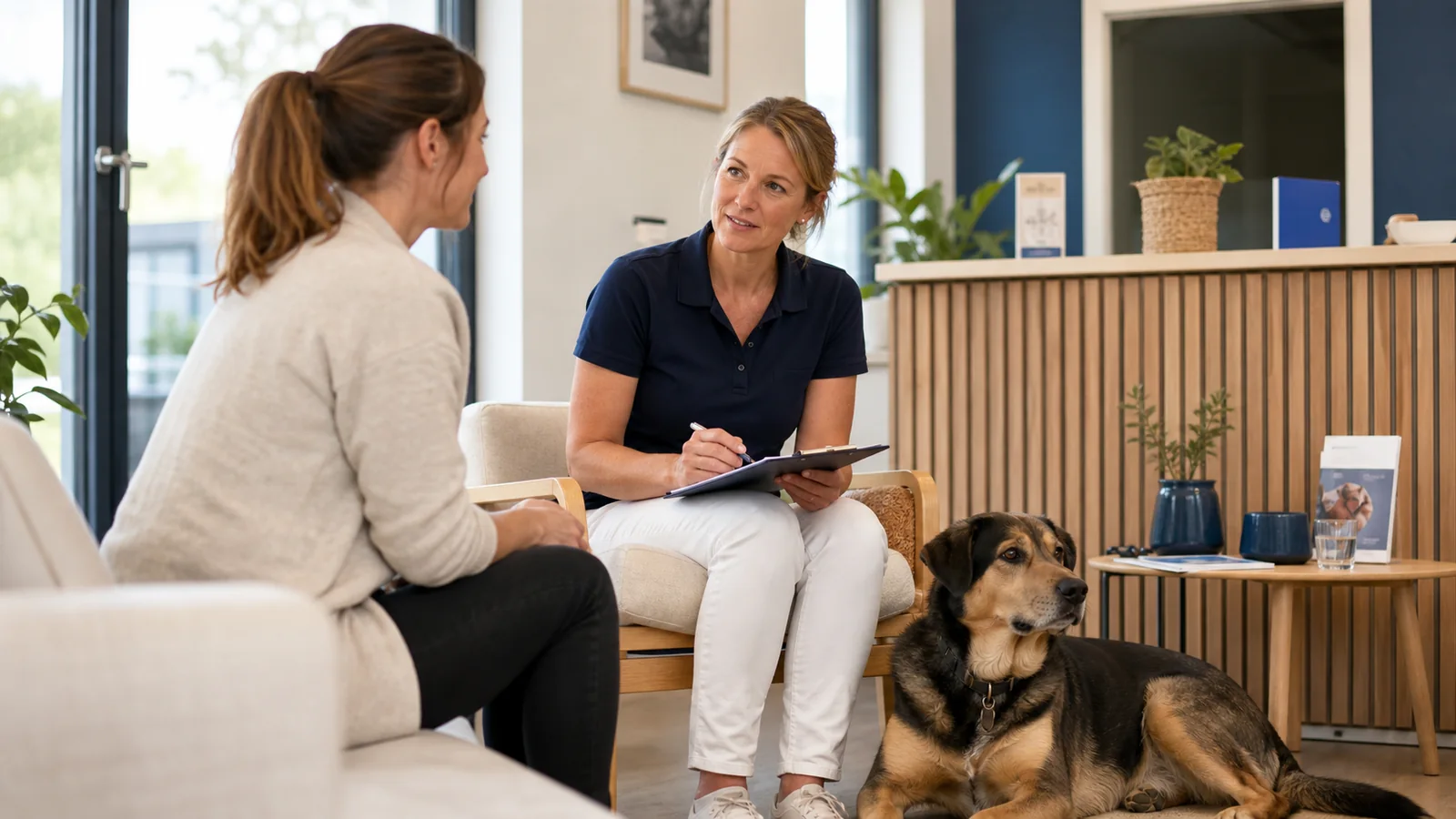 Beratung bei PhysicalOne+ Pets mit großem Mischlingshund in Bochum