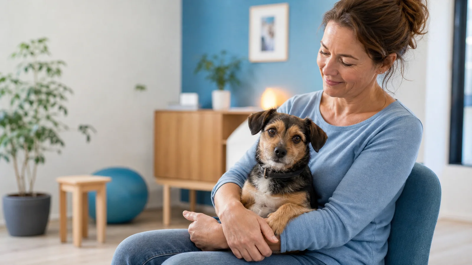 Halterin sitzt entspannt mit kleinem Mischlingshund nach einer Fellness-Behandlung