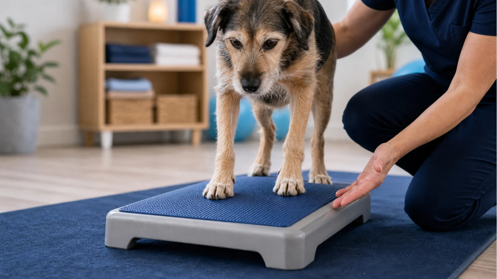 Kleiner Mischlingshund trainiert Balance und Stabilität auf einer Matte