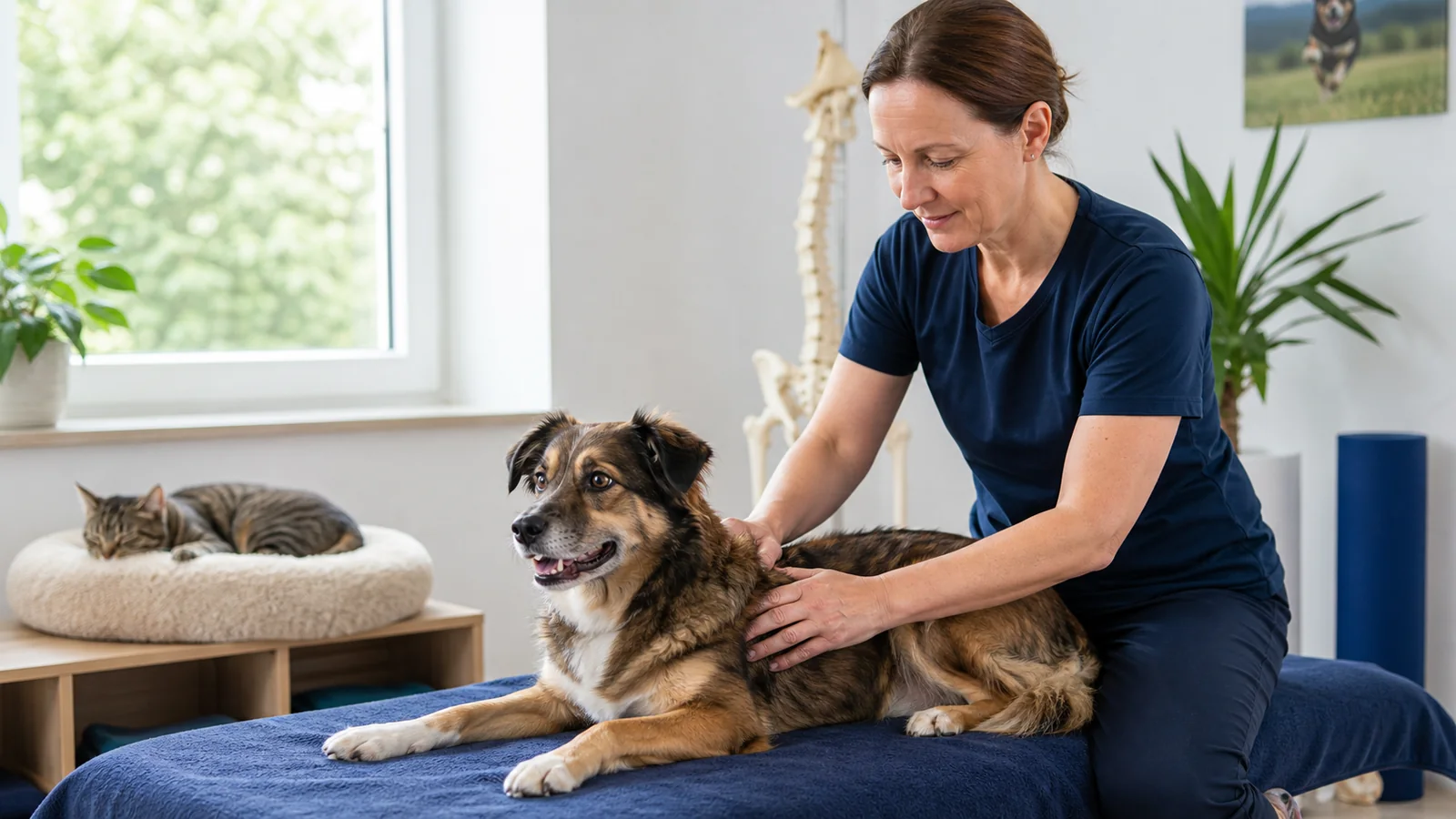 Mischlingshund und Katze in ruhigem PhysicalOne+ Pets Therapieraum in Bochum