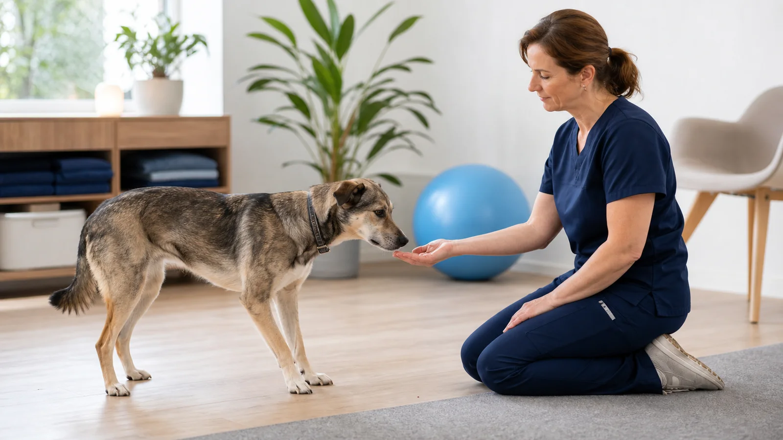 Mischlingshund nimmt ruhig Kontakt zu einer PhysicalOne+ Pets Therapeutin auf