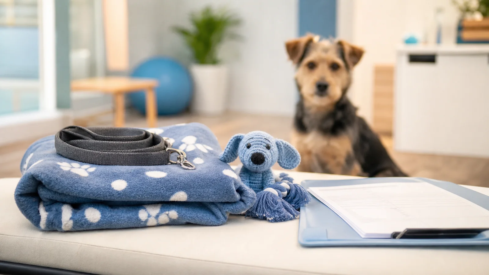 Vorbereitung auf den Fellness-Termin mit Hundedecke und Unterlagen